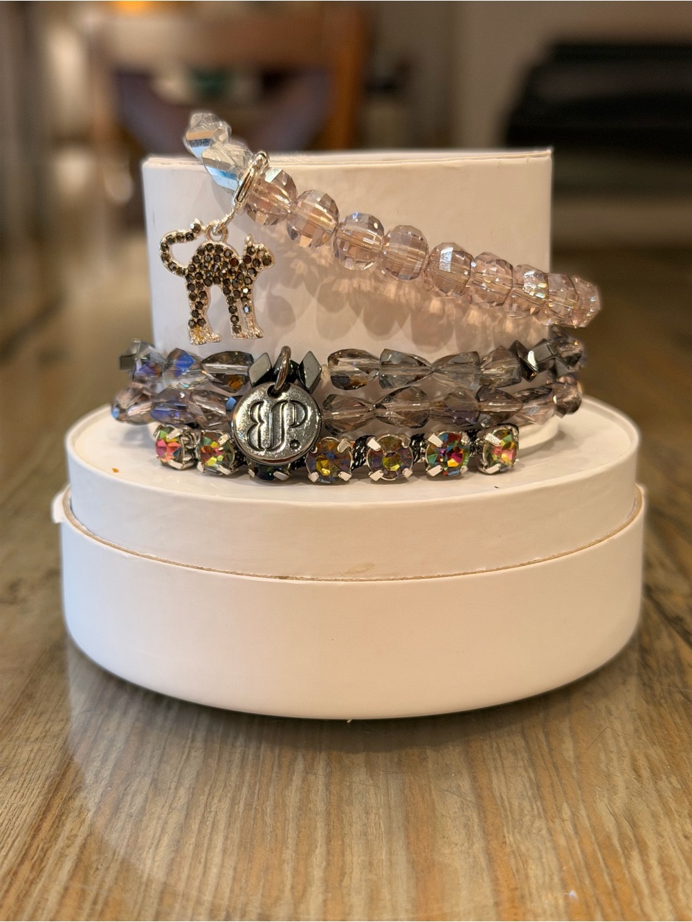 Bomb Party New! Crystal Bead Stretch Bracelet Set with Cat Charm